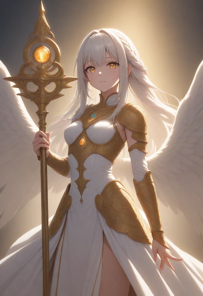 masterpiece,best quality,high resolution,ultra sharp focus,Cinematic Lighting, ethereal light,8k,divine, radiant, holy, golden light, celestial aura, warm glow, heavenly background, surrounded by light rays, long flowing white hair, with a soft gold sheen, serene expression, glowing golden eyes, fair skin, with a subtle warm glow, white and gold armor, adorned with intricate patterns, large feathered wings, illuminated by golden light, holding a radiant staff, background filled with soft clouds and light
