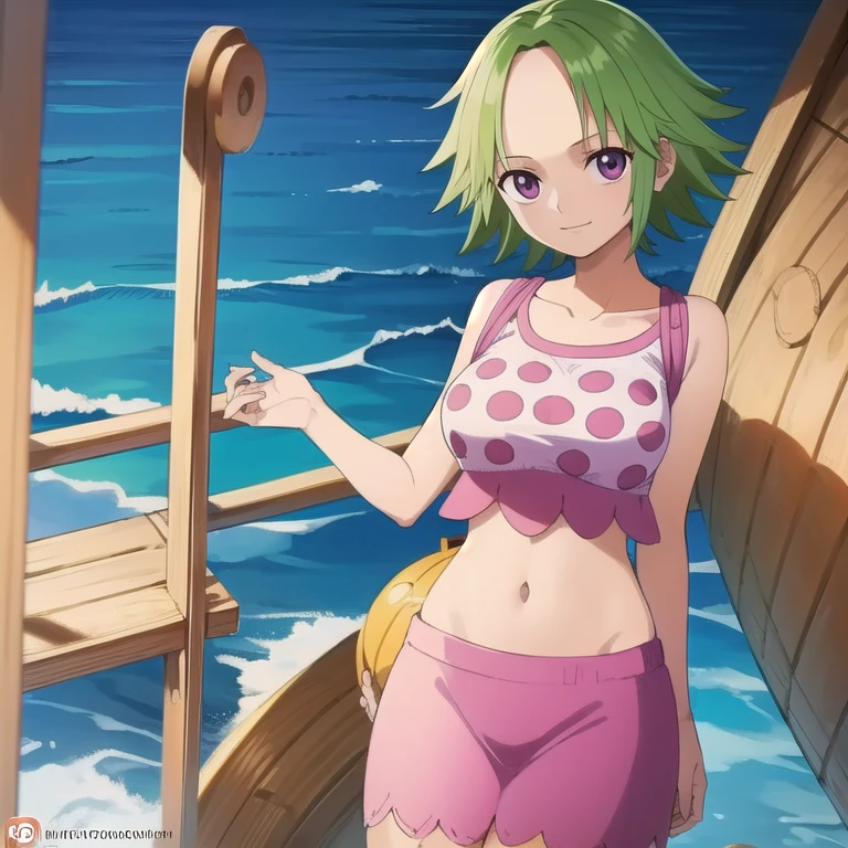 onepiececamie, camie, short hair, green hair, monster girl, mermaid, (dark purple eyes:1.1), (parted bangs:1.5), (forehead:1.2), smile,
BREAK crop top, raglan sleeves, short sleeves, midriff, navel,
BREAK outdoors, ship, ocean, sea,
BREAK looking at viewer, (cowboy shot:1.5),
BREAK (masterpiece:1.2), best quality, high resolution, unity 8k wallpaper, (illustration:0.8), (beautiful detailed eyes:1.6), extremely detailed face, perfect lighting, extremely detailed CG, (perfect hands, perfect anatomy),