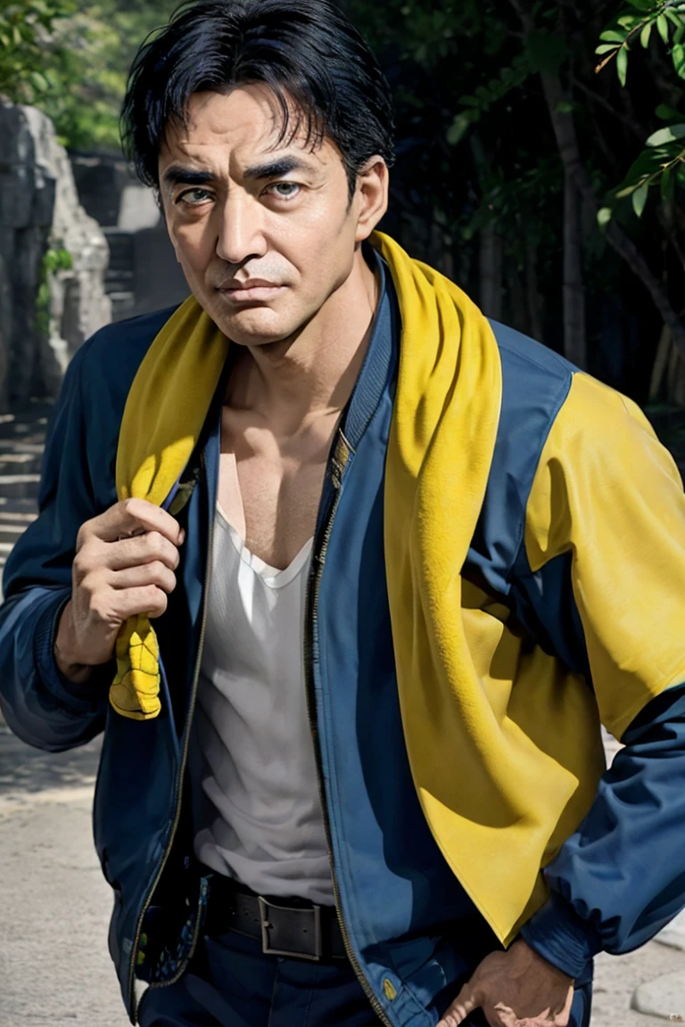  blue jacket 、(Yellow towel), shirt,
belt, Iris, Black Hair, Alone,
male, 50 years old,Frowning,Daily life、 real style、Nature in the background、 soft lighting、 Natural Skin Textures 、Like a DSLR picture、