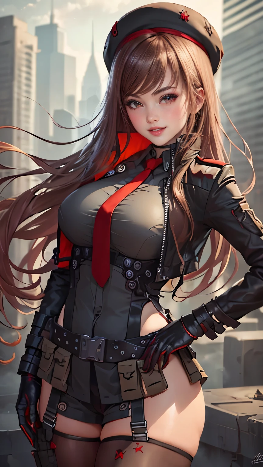 Rapi da nikke,(best quality, 4K,8k,high resolution,work of art:1.2)(weather: sunset), city ruins background, chemical facility, wide hips, long straight hair, brown hair, freckles, sleeveless top, belt, necktie, harness, tight micro shorts, thigh high stockings, high heels, elbow long fingerless gloves, beret, light makeup, dark eyeshadow, blush, flirty pose, glowing eyes, ultra detailed,portrait,realistic,beautiful detailed red eyes, beautiful detailed lips,extremely detailed eye and face, long eyelashes,average, large breasts,flying hair,beaming smile, sexy smile, powerful girl, bright coloured, dramatic lighting,