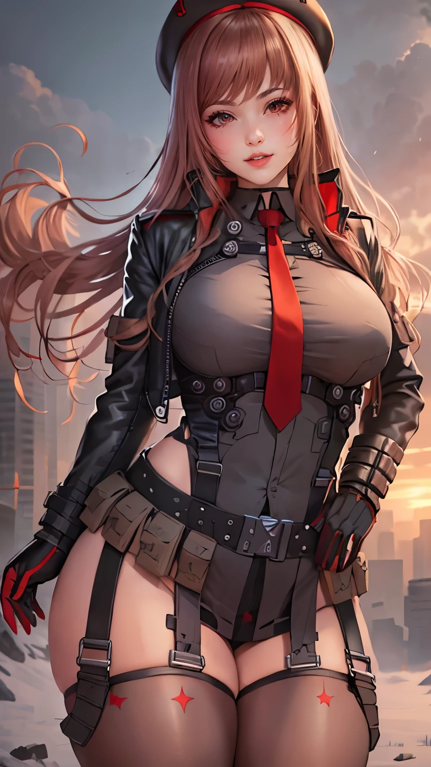 Rapi da nikke,(best quality, 4K,8k,high resolution,work of art:1.2)(weather: sunset), city ruins background, chemical facility, wide hips, long straight hair, brown hair, freckles, sleeveless top, belt, necktie, harness, tight micro shorts, thigh high stockings, high heels, elbow long fingerless gloves, beret, light makeup, dark eyeshadow, blush, flirty pose, glowing eyes, ultra detailed,portrait,realistic,beautiful detailed red eyes, beautiful detailed lips,extremely detailed eye and face, long eyelashes,average, large breasts,flying hair,beaming smile, sexy smile, powerful girl, bright coloured, dramatic lighting,