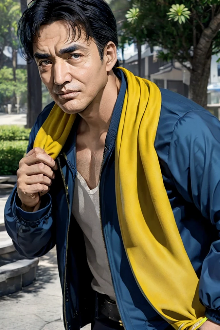  blue jacket 、(Yellow towel), shirt,
belt, Iris, Black Hair, Alone,
male, 50 years old,Frowning,Daily life、 real style、Nature in the background、 soft lighting、 Natural Skin Textures 、Like a DSLR picture、