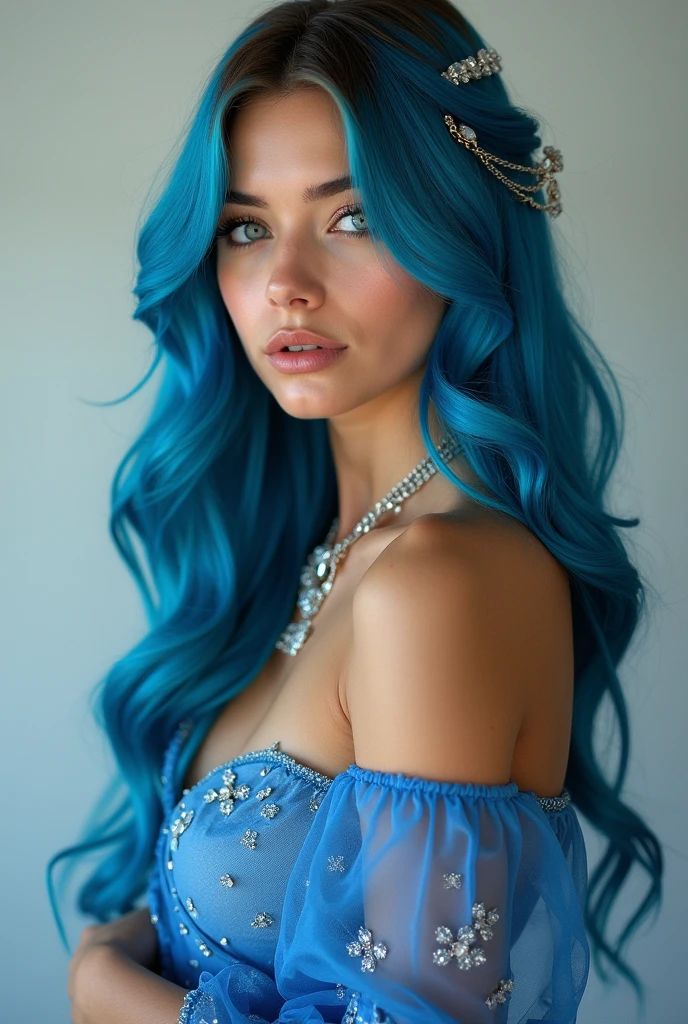  best quality, mastery, Detailed Hair,  high resolution , (((Itching))) ,necklace, Hair accessories, (Beautiful Face),  blue dress,  look at the audience ,  blue hair ,  to a standing, （Above the waist），Sexy，nude，