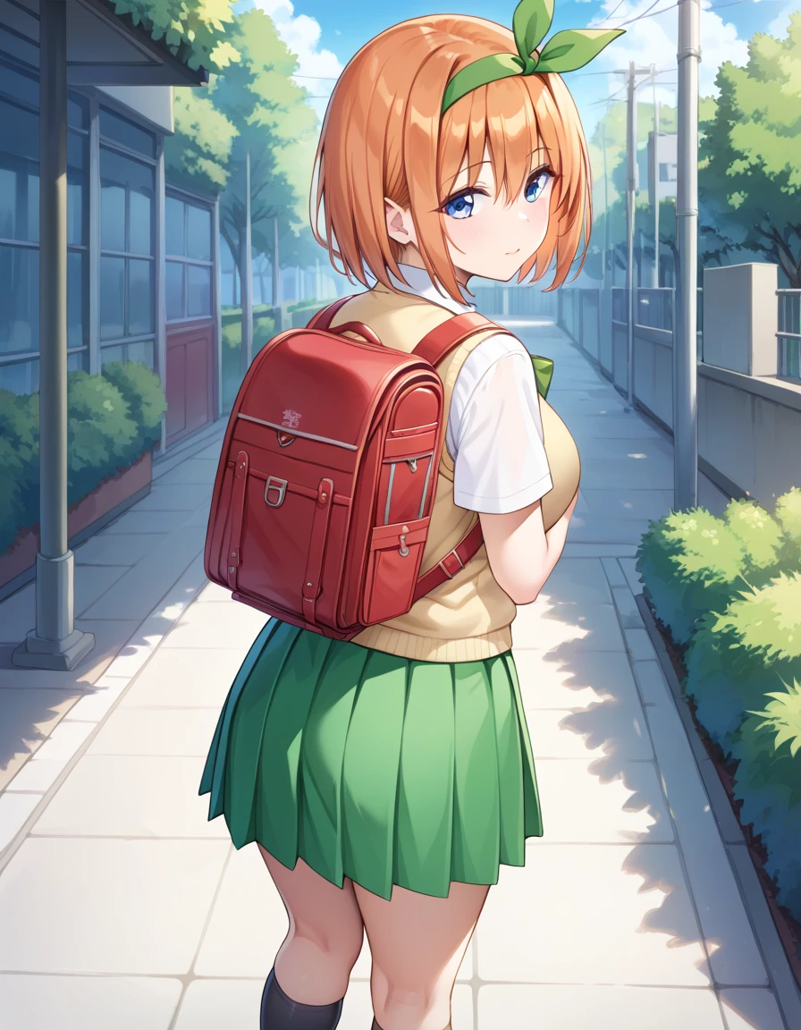 Masterpiece, hd, best quality, yotsuba nakano, bangs, short hair, blue eyes, hair between eyes, hair ribbon, hairband, orange hair, green ribbon, mature female, skirt, shirt, bow, ribbon, school uniform, white shirt, short sleeves, pleated skirt, shoes, socks, collared shirt, miniskirt, bowtie, black footwear, kneehighs, green skirt, black socks, loafers, green bow, sweater vest, green ribbon, yellow sweater vest, standing, outdoor, wearing randoseru backpack, red backpack, from behind 