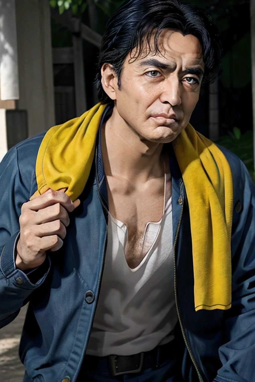  blue jacket 、(Yellow towel), shirt,
belt, Iris, Black Hair, Alone,
male, 50 years old,Frowning,Daily life、 real style、Nature in the background、 soft lighting、 Natural Skin Textures 、Like a DSLR picture、