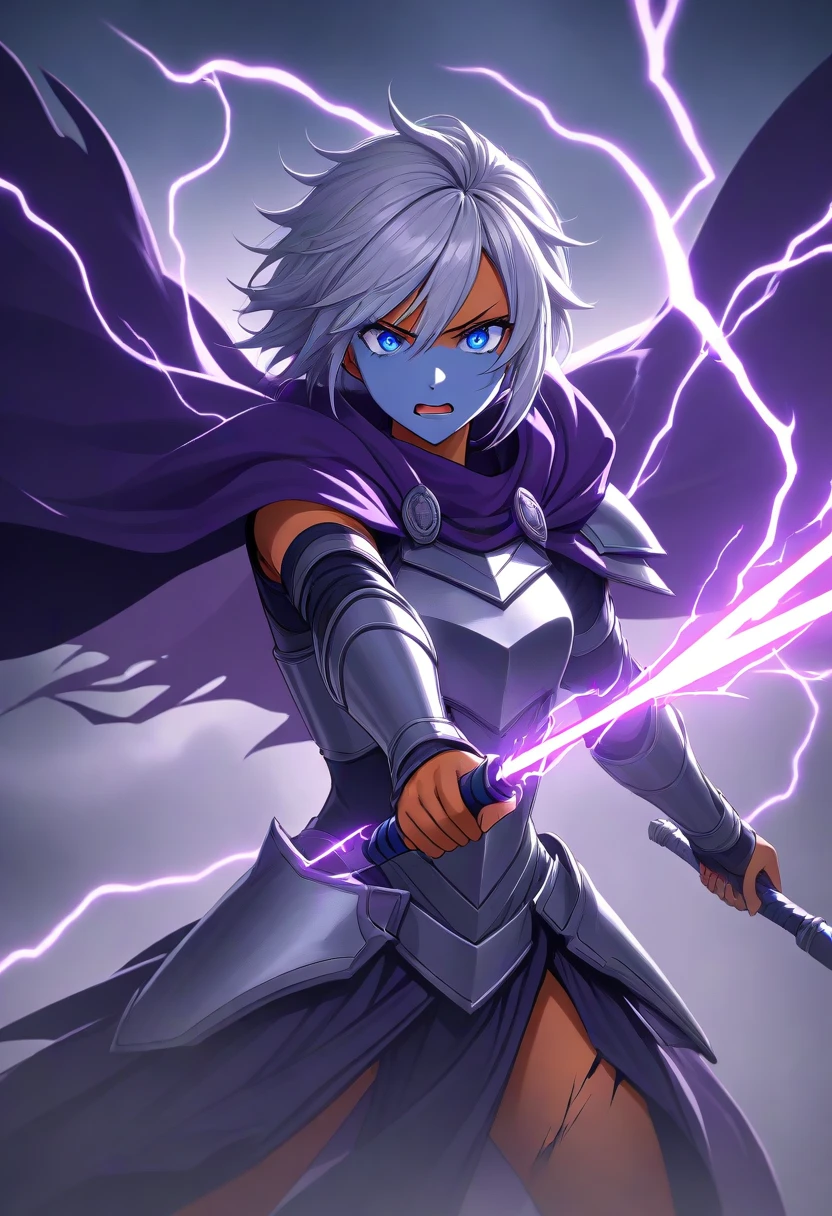 masterpiece,best quality,high resolution,ultra sharp focus,Cinematic Lighting, ethereal light,8k,fierce, powerful, electric energy, stormy, dark silver and violet tones, surrounded by swirling winds and lightning, intense expression, short wild silver hair, glowing with electric energy, bright blue eyes, with sparks around, tan skin, with a metallic sheen, dark armor, with jagged lightning patterns, flowing cloak, moving like a storm, wielding a spear, lightning striking in the background