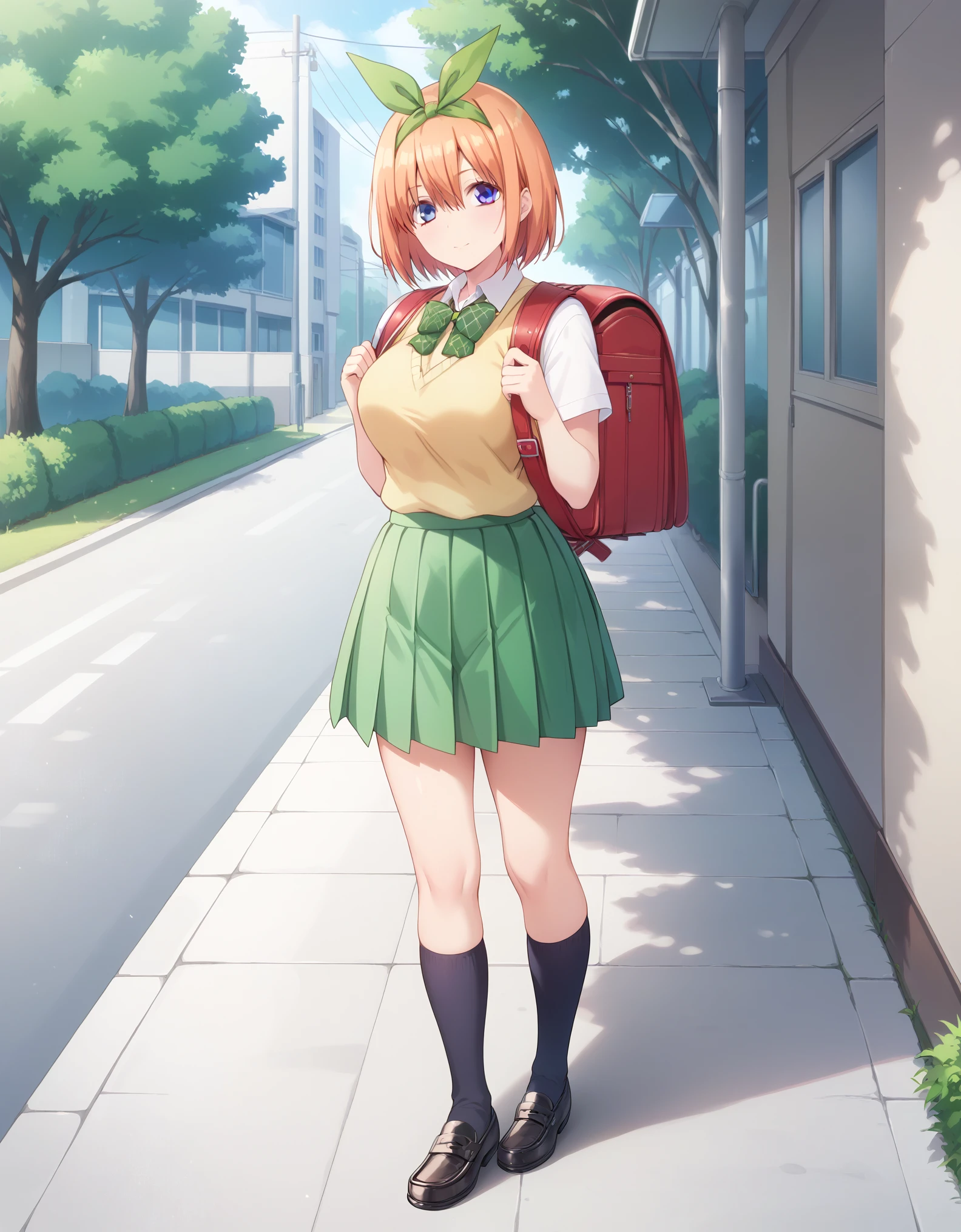 Masterpiece, hd, best quality, yotsuba nakano, bangs, short hair, blue eyes, hair between eyes, hair ribbon, hairband, orange hair, green ribbon, mature female, skirt, shirt, bow, ribbon, school uniform, white shirt, short sleeves, pleated skirt, shoes, socks, collared shirt, miniskirt, bowtie, black footwear, kneehighs, green skirt, black socks, loafers, green bow, sweater vest, green ribbon, yellow sweater vest, standing, outdoor, wearing randoseru backpack, red backpack, 