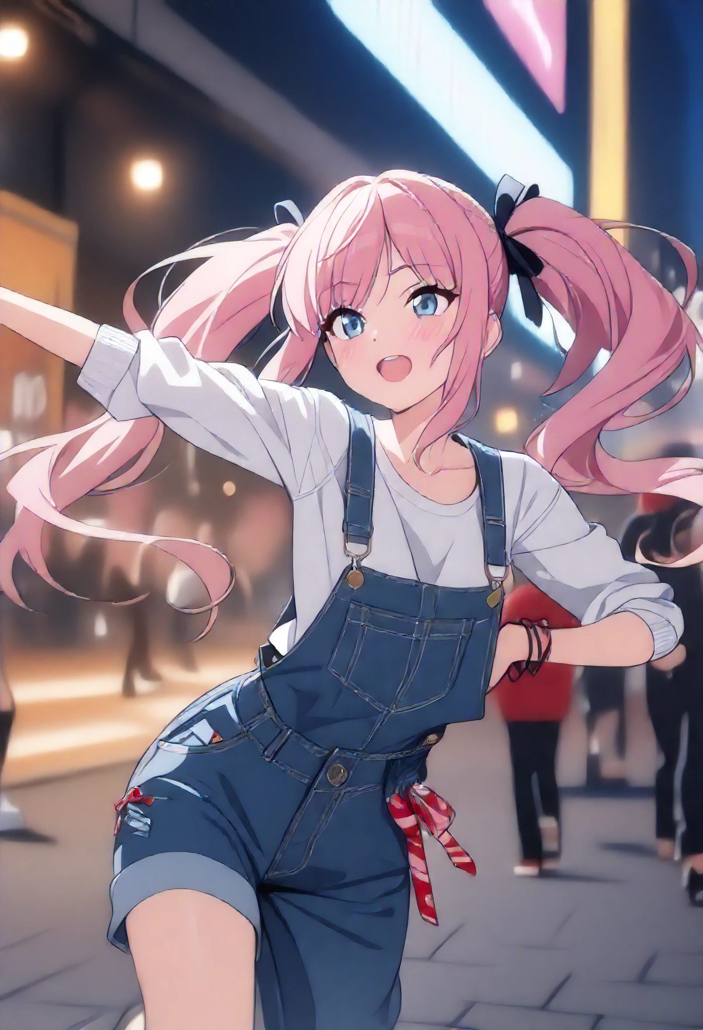 (((Best quality, 8k, Masterpiece: 1.3)), ((best quality)), ((masterpiece)), (detailed), perfect face, pink hair, long hair, twintails, ribbon, Girl in overalls, dancing, Street dancer, street fashion, hip hop