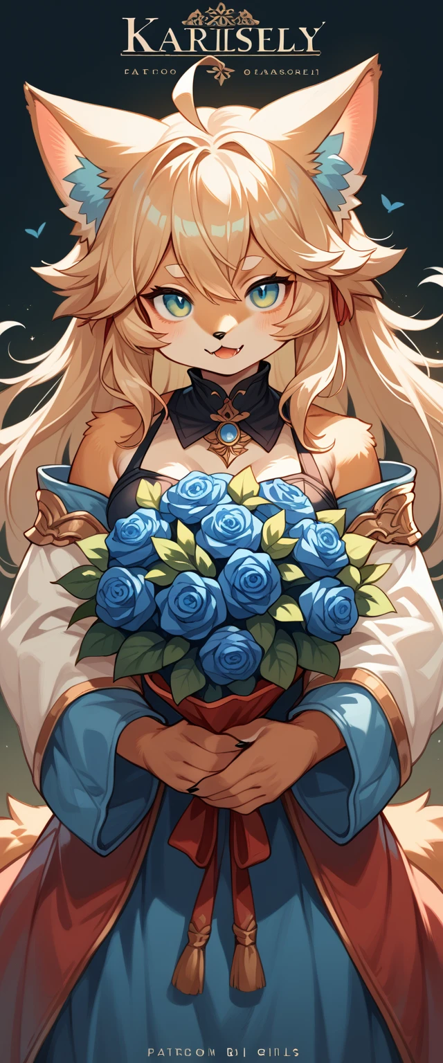 score_9, score_8_up, score_7_up, score_6_up, score_5_up, score_4_up, source_furry, highres, cover page, furry, kemono girl hug blue rose bouquet, fantasy art,