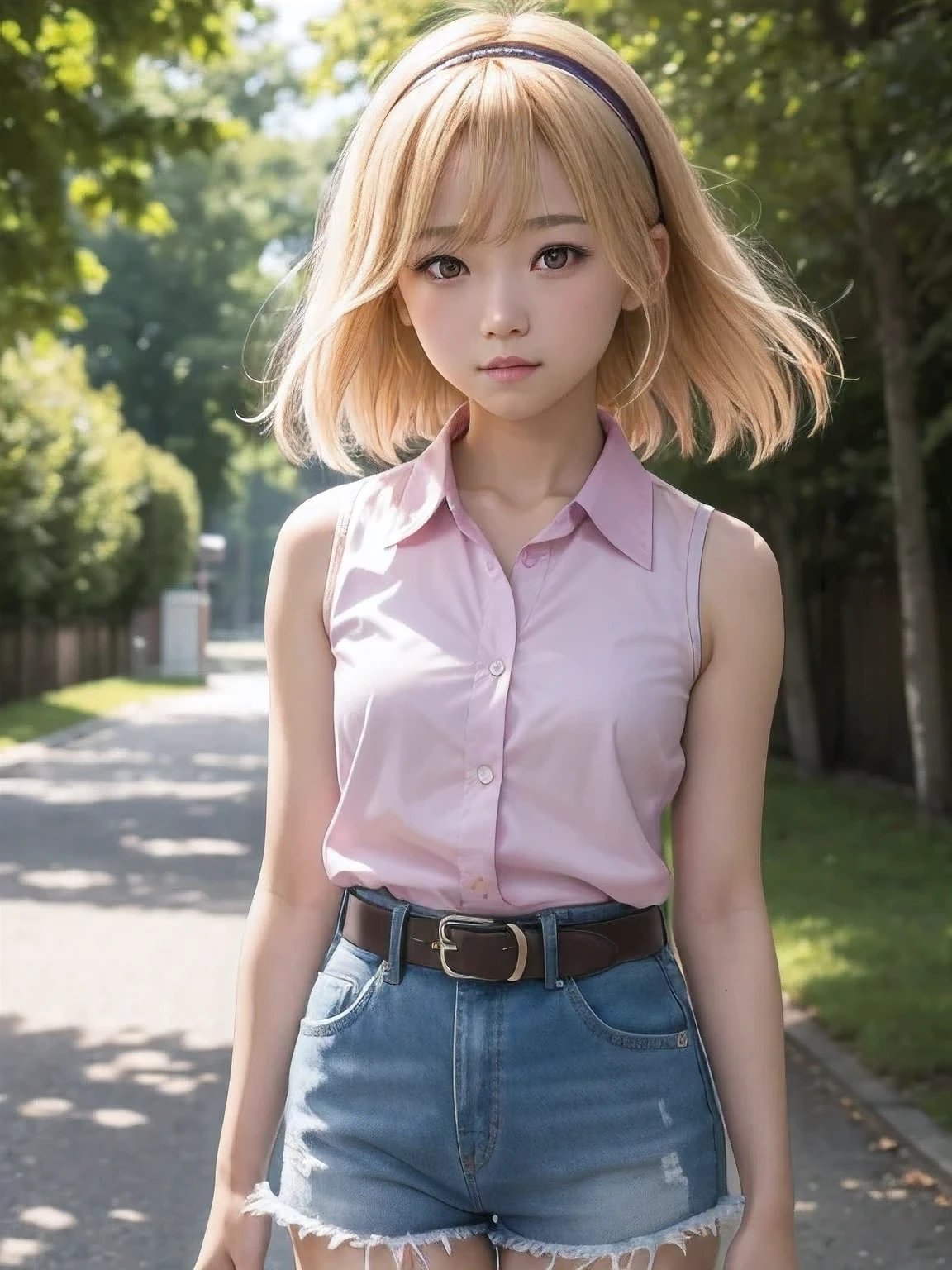 Daily life、 real style、Nature in the background、 soft lighting、(Satoko Hojo), girl, Alone, Blonde, blonde, purple eyes, short hair, ( headband ), flat chest, elementary school students, collared shirt, sleeveless shirt, ( pink shirt), White belt, Denim shorts, Natural Skin Textures 、Warm Light、Like a DSLR picture、 natural pose、 Hair Blown in the Wind、 Realistic Details 、