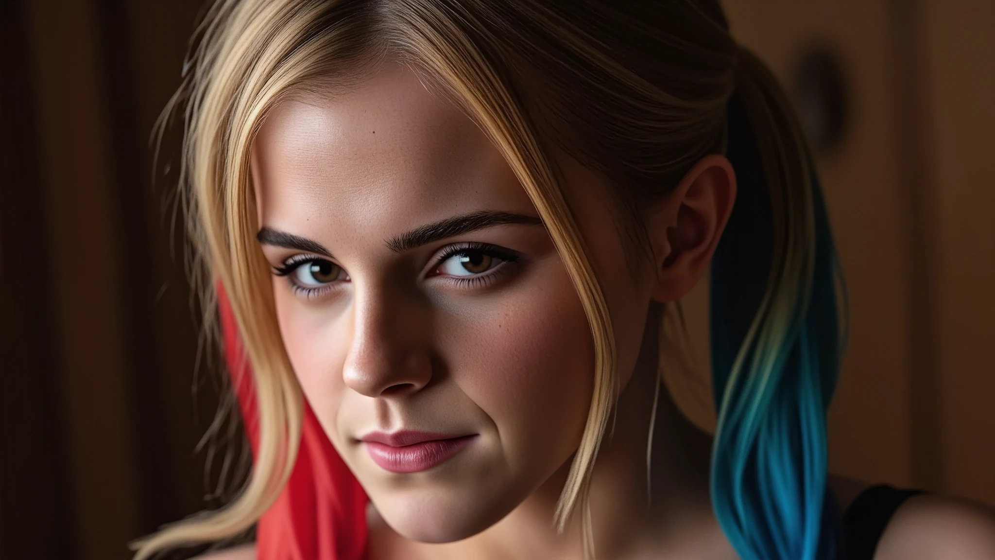 (masterpiece, best quality:1.2), closeup of Emma Watson dressed as Harley Quinn, red and blue pigtails, sexy smirk, masterpiece, 8k, best quality, ultra-detailed, sharp focus, physically-based rendering, vivid colors, cinematic lighting, dramatic shadows, moody lighting