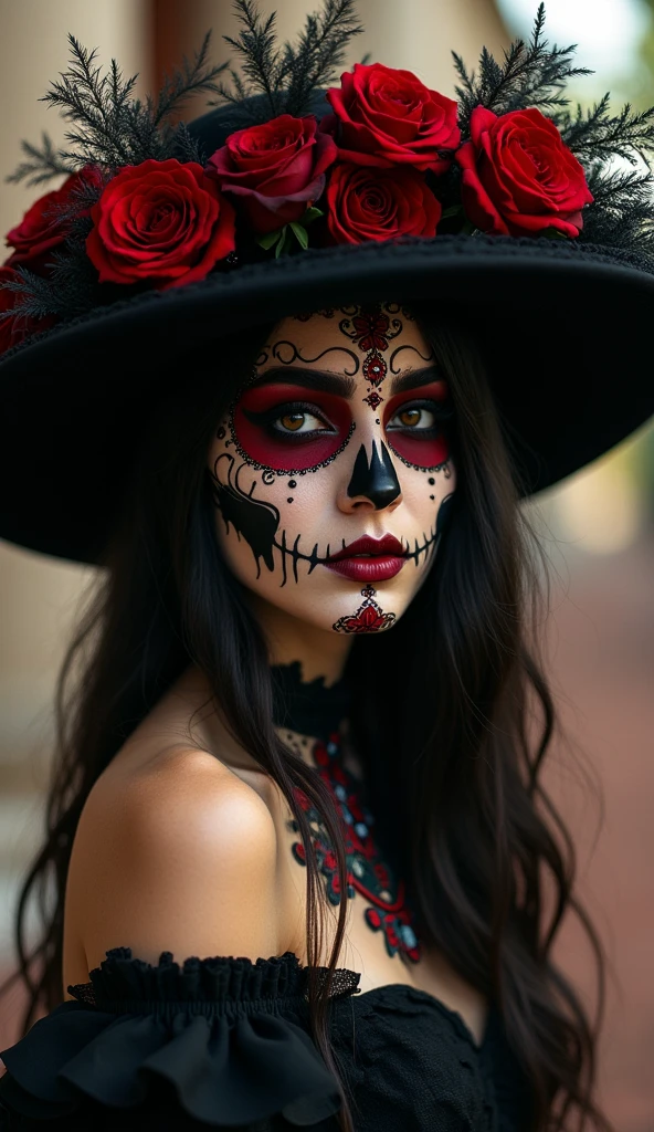  realistic intricate sensual photography bigboods Catherina Mexico Day of the Dead ,  with gothic art style hat , dark lights, Shadows low light Gaussian blur  , by Luis Royo Marta Nael 