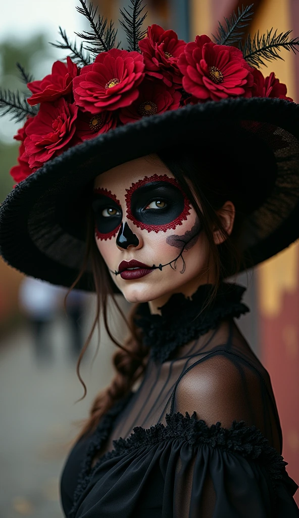  realistic intricate sensual photography bigboods Catherina Mexico Day of the Dead ,  with gothic art style hat , dark lights, Shadows low light Gaussian blur  , by Luis Royo Marta Nael 