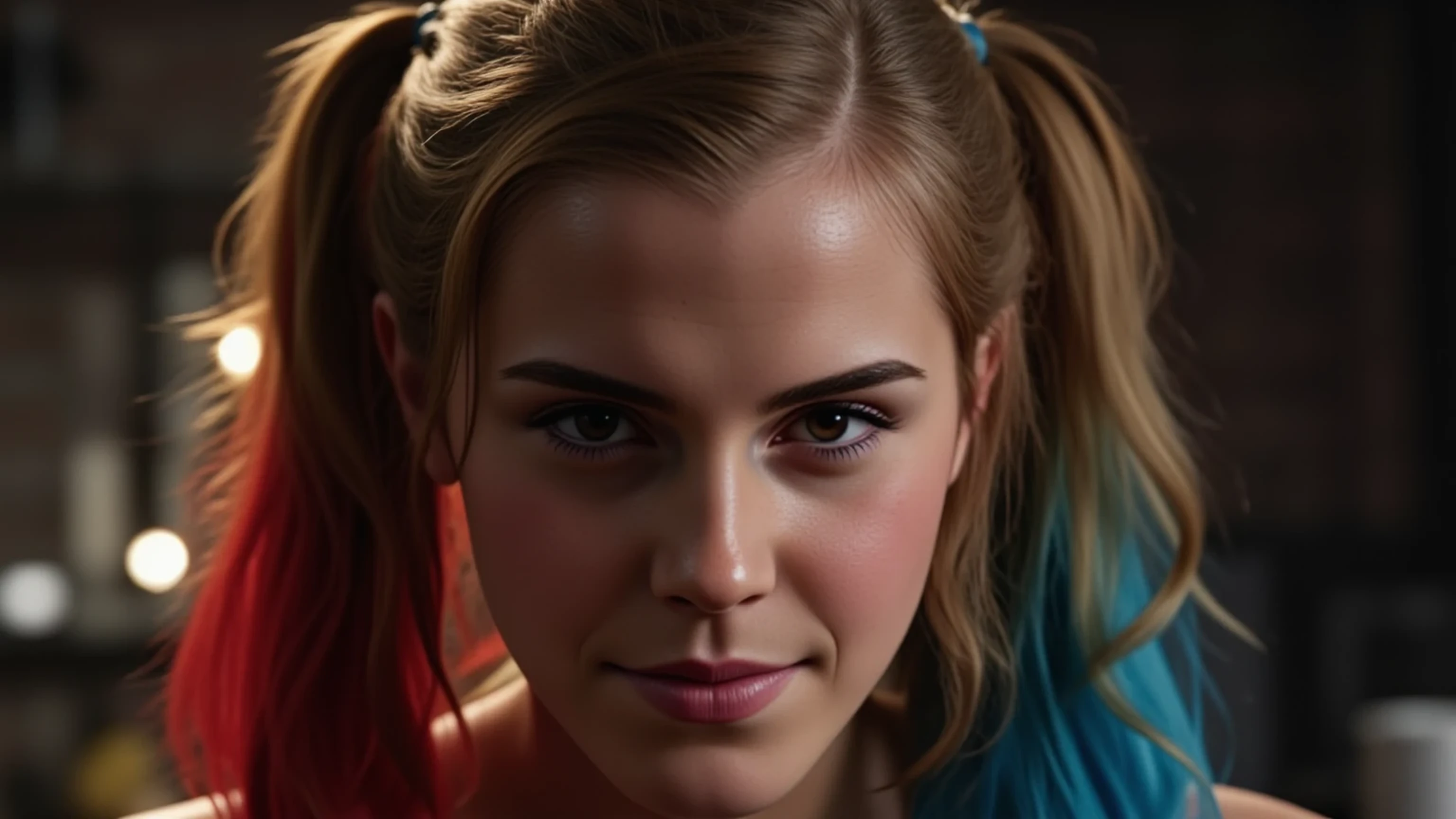 (masterpiece, best quality:1.2), closeup of Emma Watson dressed as Harley Quinn, red and blue pigtails, sexy smirk, masterpiece, 8k, best quality, ultra-detailed, sharp focus, physically-based rendering, vivid colors, cinematic lighting, dramatic shadows, moody lighting 