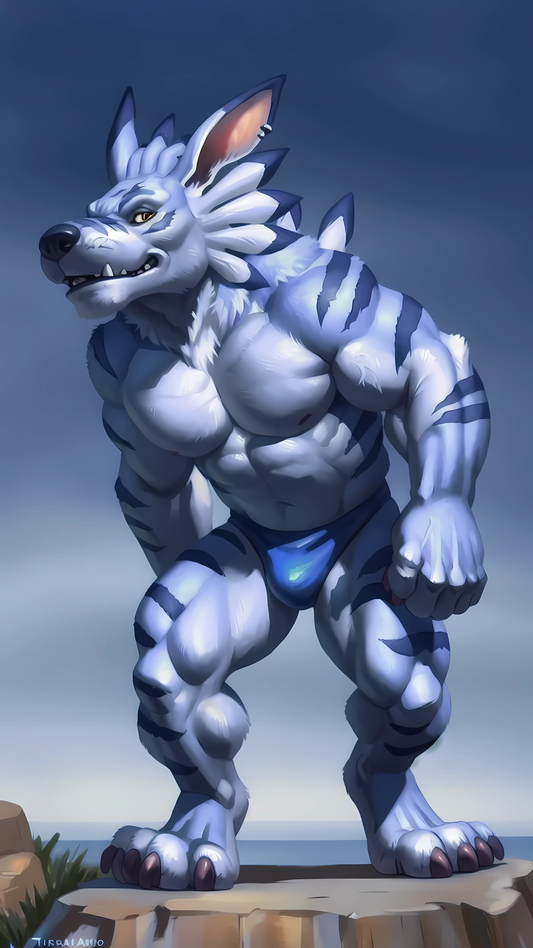 garurumon, weregarurumon, husky build, high quality, best resolution, posted on e621, male, adult, solo, masculine, very muscular:1.5, muscular legs, muscular, muscular pectorals, muscular shoulders, biceps, speedos, anthro body, (simple background, gradient background):1.4, full body:1.1, big wolf feet, posing, cartoony build, cartoony proportions, by taran fiddler, by blotch, by virtyalfobo, detailed eyes, correct muscles, correct anatomy, strong shading:1.5,