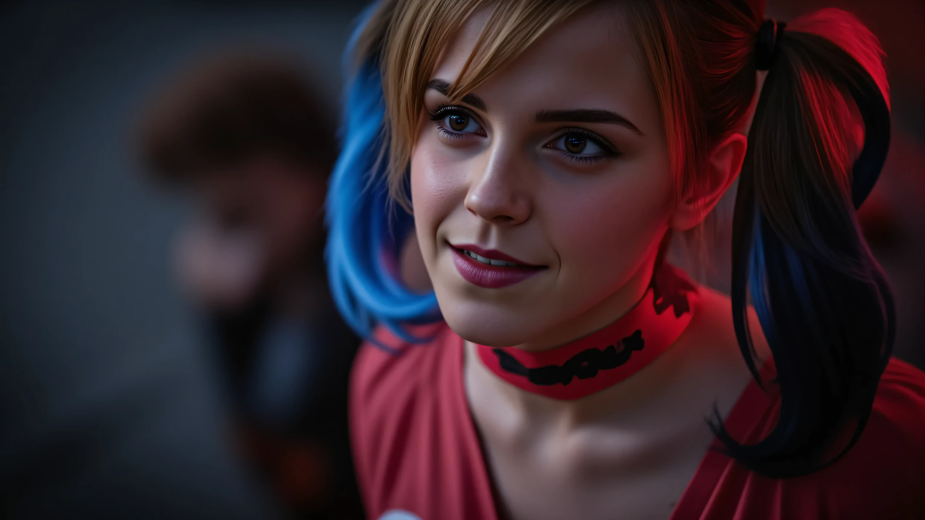 (masterpiece, best quality:1.2), closeup of Emma Watson dressed as Harley Quinn, red and blue pigtails, sexy smirk, masterpiece, 8k, best quality, ultra-detailed, sharp focus, physically-based rendering, vivid colors, cinematic lighting, dramatic shadows, moody lighting 