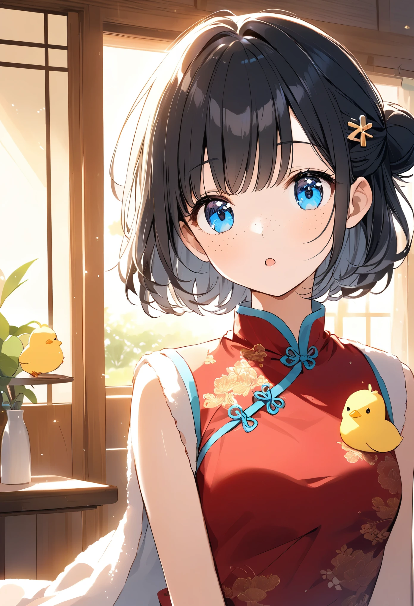 Light line drawing、Light color、 short hair、hairpin、Black Hair、Bun Hair、Freckles、 red china dress、Blue Eyes、 with chick on head、Everyday Scenes、Warm and fuzzy work 、Warm Works,Light effects