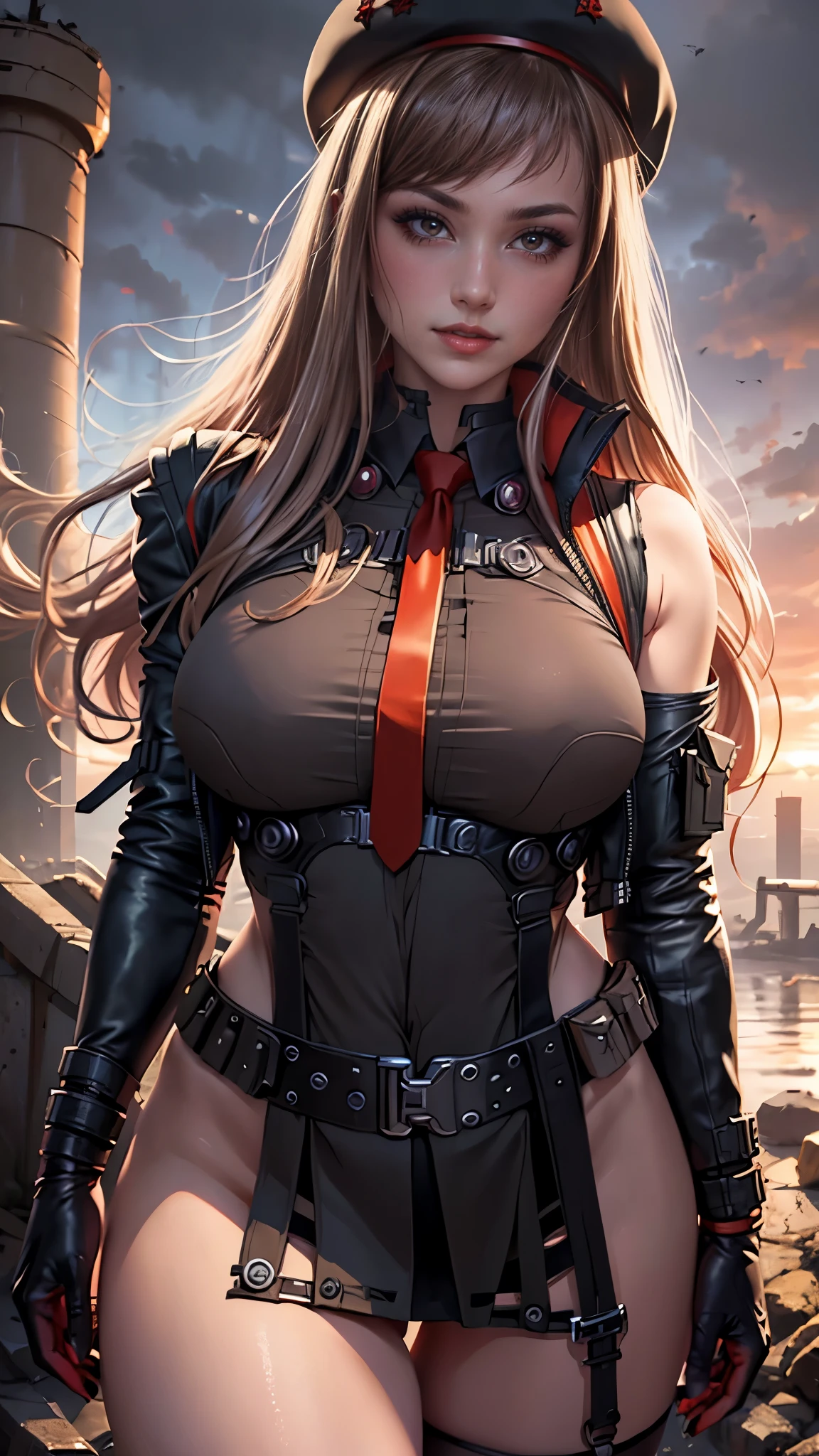 Rapi da nikke,(best quality, 4K,8k,high resolution,work of art:1.2)(weather: sunset), city ruins background, chemical facility, wide hips, long straight hair, brown hair, freckles, sleeveless leotard, belt, necktie, harness, tight micro skirt, thigh high stockings, high heels, elbow long fingerless gloves, beret, light makeup, dark eyeshadow, blush, flirty pose, glowing eyes, ultra detailed,portrait,realistic,beautiful detailed red eyes, beautiful detailed lips,extremely detailed eye and face, long eyelashes,average, large breasts,flying hair,beaming smile, sexy smile, powerful girl, bright coloured, dramatic lighting,