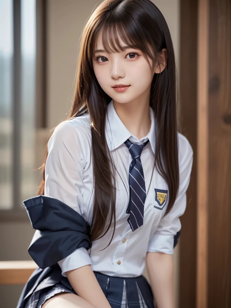 ( high school girl uniform : 1.8), Complex and beautiful eyes、woman, ( sexy pose : 2.0), (stand up : 1.2), Womanly black hair、(Delicate and realistic hair、1 bottle１Realistic hair)、bangs、Natural Color Lip、smile、((White indoor))、indoor、((18歳woman:1.******ung and adorable Japanese face, Official Art，Highly detailed CG Unity 8k wallpaper, (masterpiece : 1.0), (Best Quality : 1.0), 超High resolution,4K, Very detailed, photo shoot, 8k, High resolution, Kodak Portrait 400, Film Grain, Lens flare glow, 高いest quality ,8k, Portrait Shot, 8k、Show Viewer, (((Front View))), ((Facing))、Body facing forward、Bold cleavage、Firm breasts、Small face, ((Bare legs))、Highest quality、Super beautiful images,  yellow race, (upper body : 2.0)