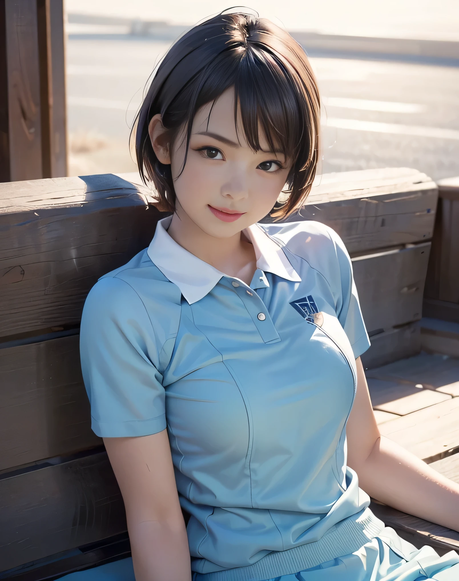 (Realistic:2.0),(High resolution:1.5),(Mastepiece),(1 girl:1.5),(solo:1.5),(looking at the viewer),Small face,(small Breasts),(tennis uniform),short bob hair,bangs:1.2,(Short sleeve),(Detailed eyes),(Accurate eyes),(Realistic eyes),School sports,Sitting on a bench,smile:1.2,