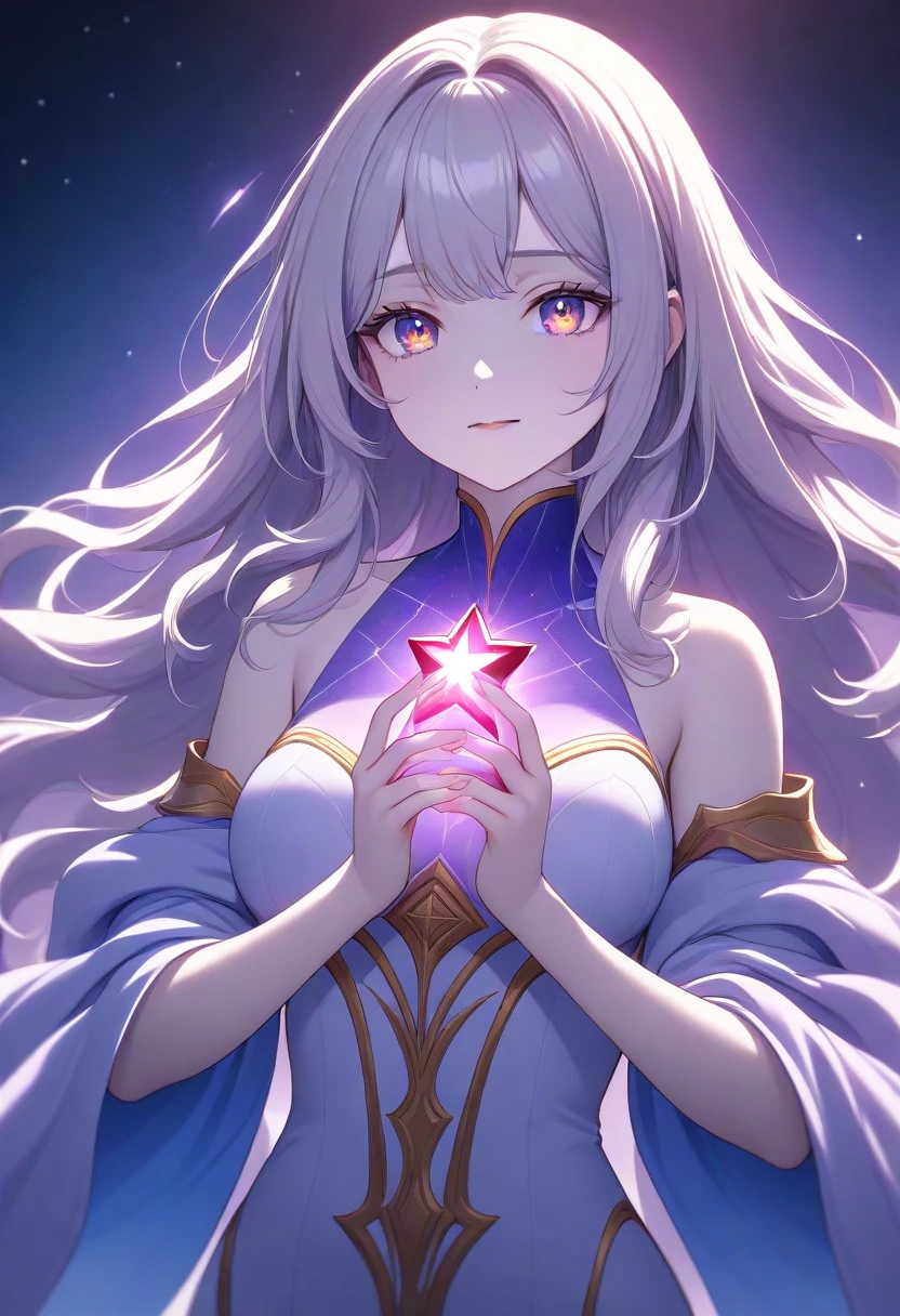 masterpiece,best quality,high resolution,ultra sharp focus,Cinematic Lighting, ethereal light,8k,ethereal, mystical, radiant light, cosmic energy, glowing star patterns, surrounded by cosmic mist, long wavy silver hair, with subtle blue and purple highlights, calm and wise expression, glowing golden eyes, pale skin, with a soft iridescent sheen, flowing celestial robes, decorated with constellation patterns, holding a star-shaped crystal, surrounded by floating stars and stardust, nebulae in the background
