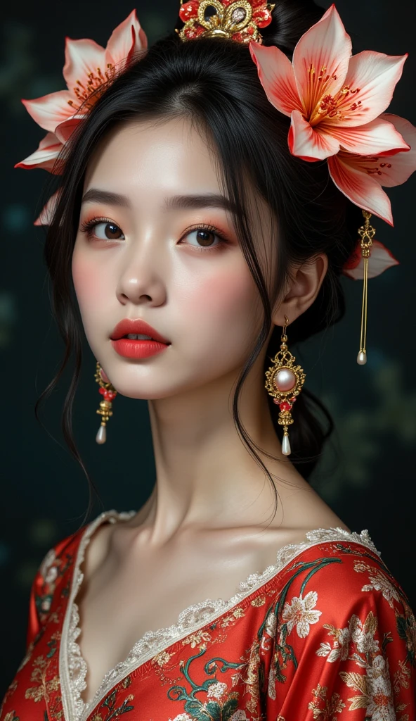 ( masterpiece ,  best quality:1.2), 1 Girl, Mori Xuehui ,  Dale Chihuly,  fashion magazine cover, Wallop,  Alphonse Mucha, Xiao Rongcheng,  Mineral Pigment Digital Painting ,  textured matte,   Dark Fantasies  ,  New 3D Ancient Chinese Style ,  William Morris ,  Joseph Frank ,  Image of a Azalea with earrings in the clouds,  Realistic yet Romantic Style , Fairy Tale Core,  Black Painting ,  Baroque Elegance , 32K Ultra HD,  Extravagant Facial Features ,  Chinese Style Lighting , 3D particles,  Gustav Klimt , Sequins,  bioluminescence , Glowing particles, James Turrell , Nick Vesey, Ultra-high-definition pixels, whole body, Film Grain