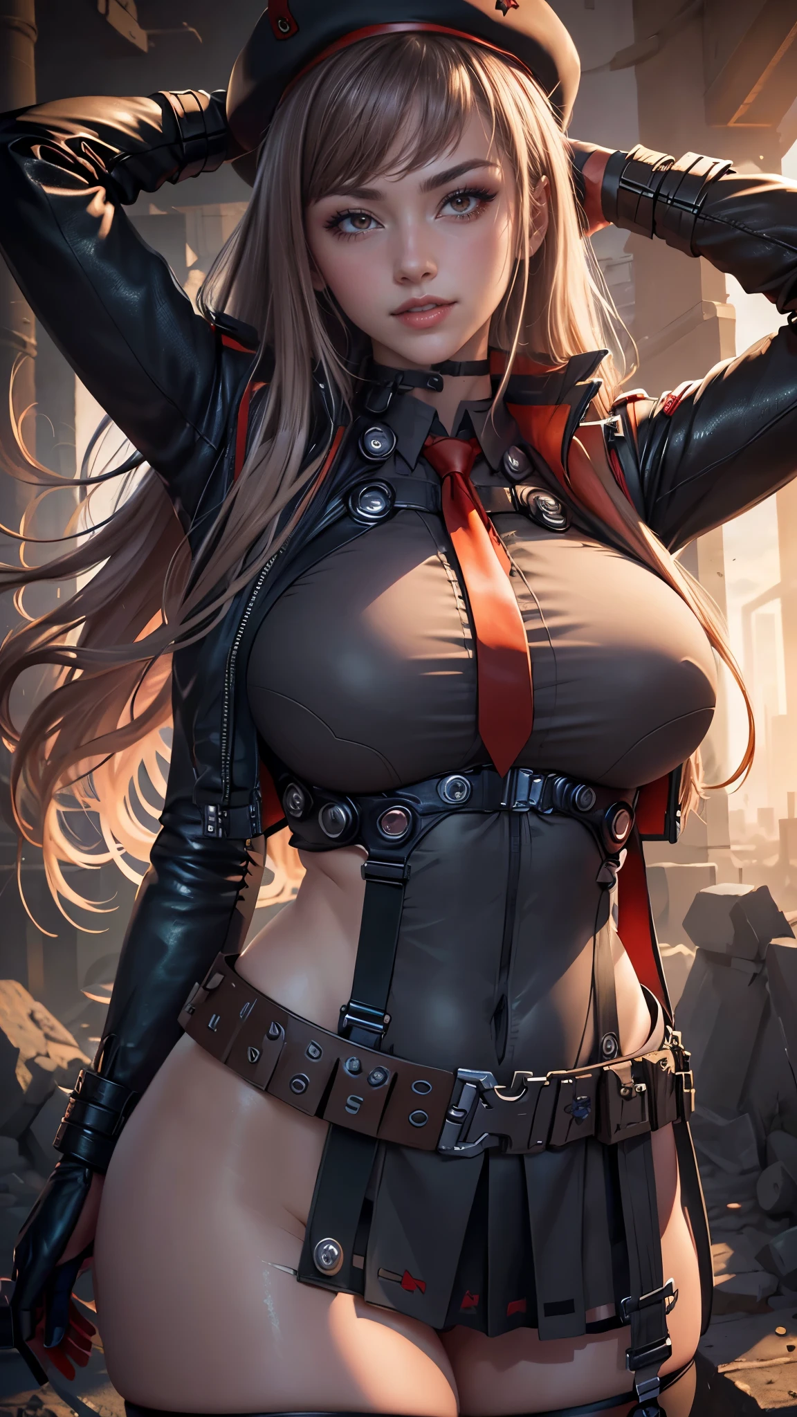 Rapi da nikke,(best quality, 4K,8k,high resolution,work of art:1.2)(weather: sunset), city ruins background, chemical facility, wide hips, long straight hair, brown hair, freckles, sleeveless leotard, belt, necktie, harness, tight micro skirt, thigh high stockings, high heels, elbow long fingerless gloves, beret, light makeup, dark eyeshadow, blush, flirty pose, glowing eyes, ultra detailed,portrait,realistic,beautiful detailed red eyes, beautiful detailed lips,extremely detailed eye and face, long eyelashes,average, large breasts,flying hair,beaming smile, sexy smile, powerful girl, bright coloured, dramatic lighting,