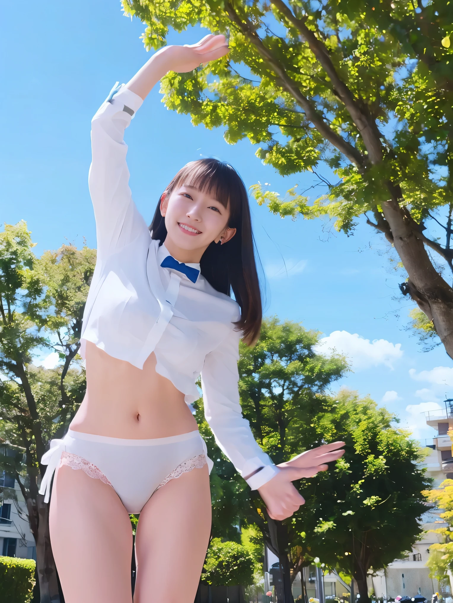 Ultra-detailed、masterpiece、highest quality、超A high resolution、8K High Resolution、Photo-worthy clarity、Detailed eyes、Gradation、Spring Outdoors、((Grin:1.2)), ((Three Girls)), cute, young, (whole body:1.3),、A large number of people、Perfect anatomical figure ,hard disk、Hmph , Nikon Z9 80mm Lens , Tabletop、Model standing、Tiny Panties、tiny micro panties:See through、Pubic hair is visible through the lace of the panties、(((Panties are small、Pubic hair is exposed)))、(((Panties are white panties made of lace material)))、(((dark blue 、White blouse、赤いリボンが付いたcute白い半袖ブラウス、Short loose socks、Dark brown loafers)))、(((View all panties)))、(((The skirt is definitely worn.)))、(((Raise the hem of a skirt)))、Sit in a triangle shape with your thighs slightly inward、Panty Focus、Too bright natural light、sunlight、Detailed lace panty pattern、Plain white panties、(((Standing and flipping up her skirt、Showing panties to the camera)))、(((Beautifully aligned and white teeth)))、(((Lifting the skirt higher and higher,、Show your panties to the camera)))Super Slim Body G Cup Bust、Slim model body type、Beautiful posture、Braid