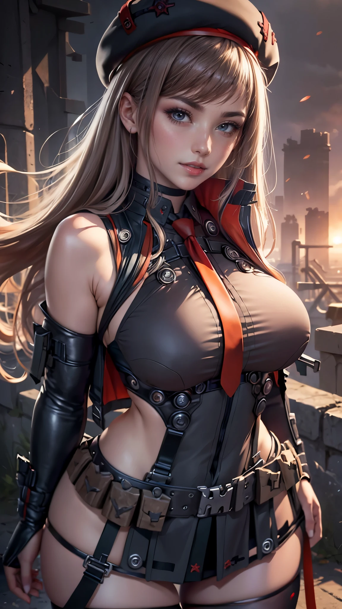 Rapi da nikke,(best quality, 4K,8k,high resolution,work of art:1.2)(weather: sunset), city ruins background, chemical facility, wide hips, long straight hair, brown hair, freckles, sleeveless leotard, belt, necktie, harness, tight micro skirt, thigh high stockings, high heels, elbow long fingerless gloves, beret, light makeup, dark eyeshadow, blush, flirty pose, glowing eyes, ultra detailed,portrait,realistic,beautiful detailed red eyes, beautiful detailed lips,extremely detailed eye and face, long eyelashes,average, large breasts,flying hair,beaming smile, sexy smile, powerful girl, bright coloured, dramatic lighting,