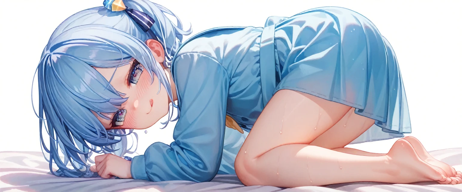 8k,best quality,masterpiece, highest quality, High resolution, SUI1, 1 girl, alone, side ponytail, hoshimachi suisei, small tit, small hips , normal hips , slim, slender, fingerless gloves, single thigh high, jewelry, single socks, thigh strap, bracelet, blue socks, button, single knee high, plaid dress, blue choker, blue belt, plaid skirt, mini crown, gray skirt, blue ascot, long sleeve, Plaid jacket, cowboy shot, perfect finger, naked prone ,（prostration） ,naked dogeza, nude,