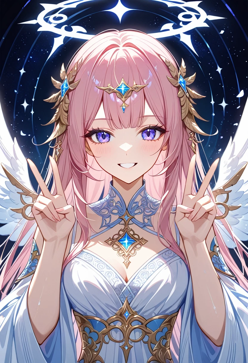 (style_ethereal_fantasy,visual appealing,synced,intricate character design,mystical:1.2),1 girl,angel,angelic ring,halo,intricate character design,nitz,magical,double v around the face,bright smile,gloss