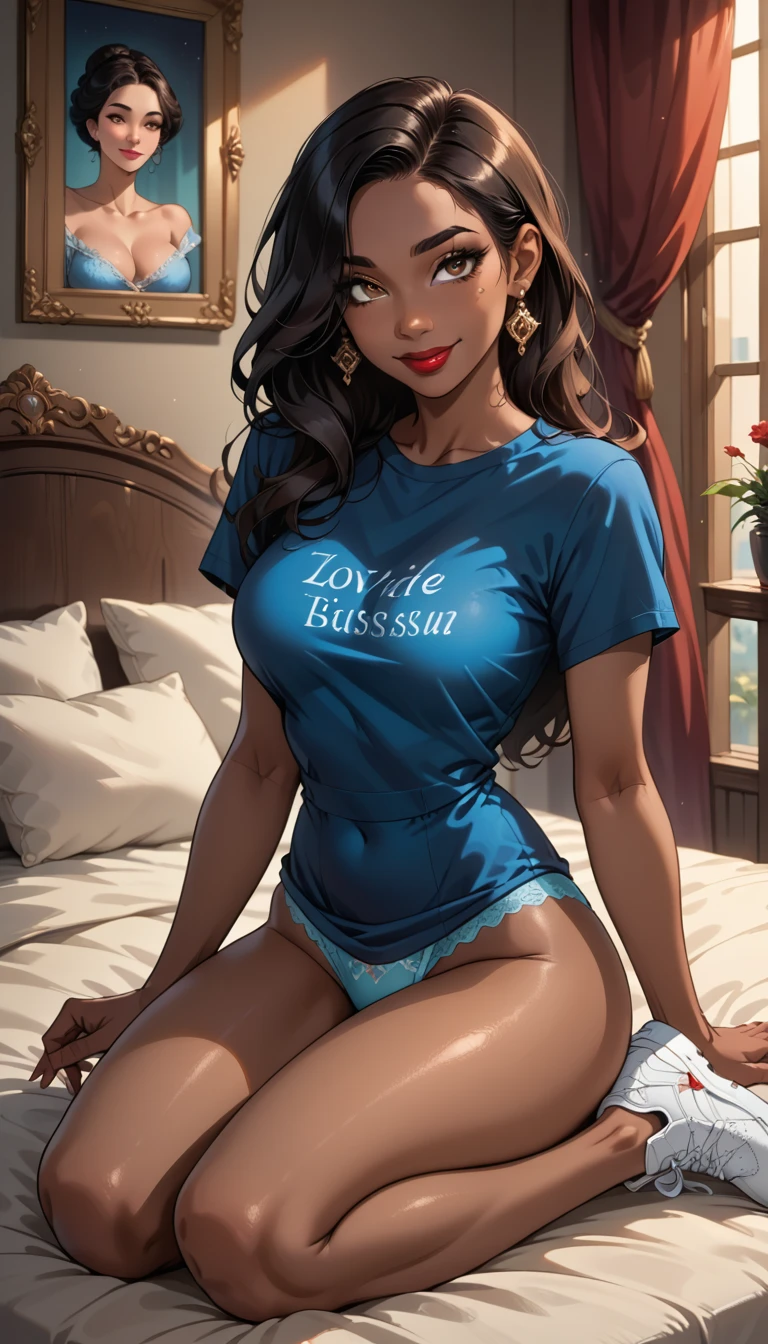 Beautiful dark-skinned woman ,  Long black hair  ( hair covers an eye ). Sensual, smile,  big boobs, red lipstick, half-closed brown eyes  , perfect face, beautiful legs,  thick thighs , basic blue shirt blue t-shirt and panties, white sneakers , smile sensual,Alone.perfect anatomy. full legs. Sit on a bed , very elegant and sensual  . vivid colors . detailed