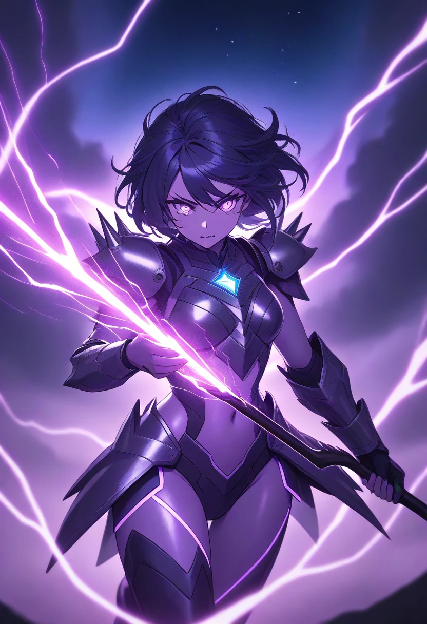 masterpiece,best quality,high resolution,ultra sharp focus,Cinematic Lighting, ethereal light,8k,powerful, dynamic, intense, celestial storm, dark blue and violet tones, electric energy, short spiky dark blue hair, with silver highlights, fierce expression, piercing silver eyes, glowing tan skin, with a metallic sheen, fitted cosmic armor, adorned with glowing star motifs, holding a large staff, radiating with energy, surrounded by swirling stars and cosmic lightning, galaxy and thunderclouds in the background
