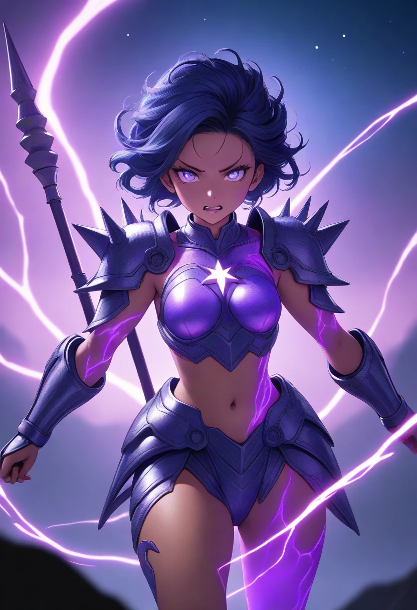 masterpiece,best quality,high resolution,ultra sharp focus,Cinematic Lighting, ethereal light,8k,powerful, dynamic, intense, celestial storm, dark blue and violet tones, electric energy, short spiky dark blue hair, with silver highlights, fierce expression, piercing silver eyes, glowing tan skin, with a metallic sheen, fitted cosmic armor, adorned with glowing star motifs, holding a large staff, radiating with energy, surrounded by swirling stars and cosmic lightning, galaxy and thunderclouds in the background
