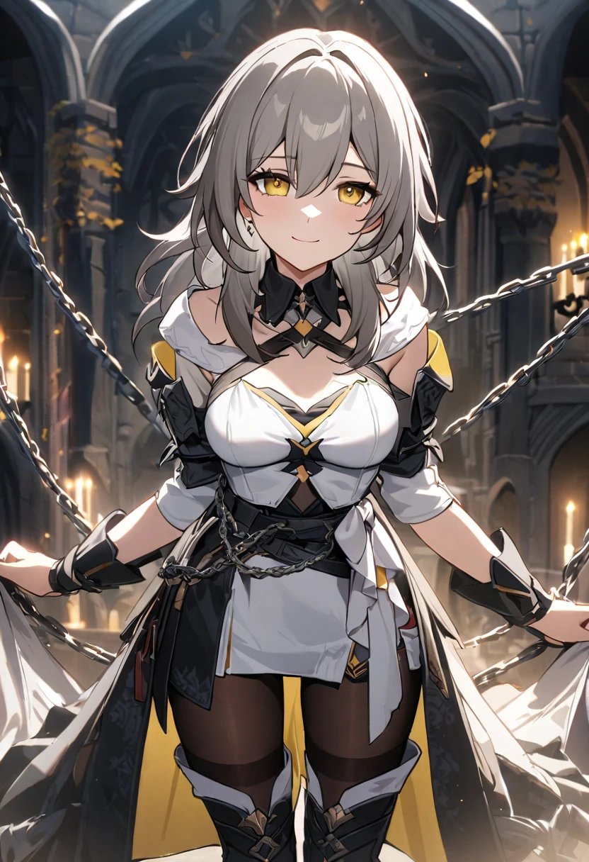 UHD, medium shot, 1girl, Stelle Honkai: star rail, happy Lusty face, light smile, medium breast, another costume, Chain around the waist, white clothes, pantyhose, thigh_boots, legs_apart, standing, looking up, background_(Medieval fantasy)