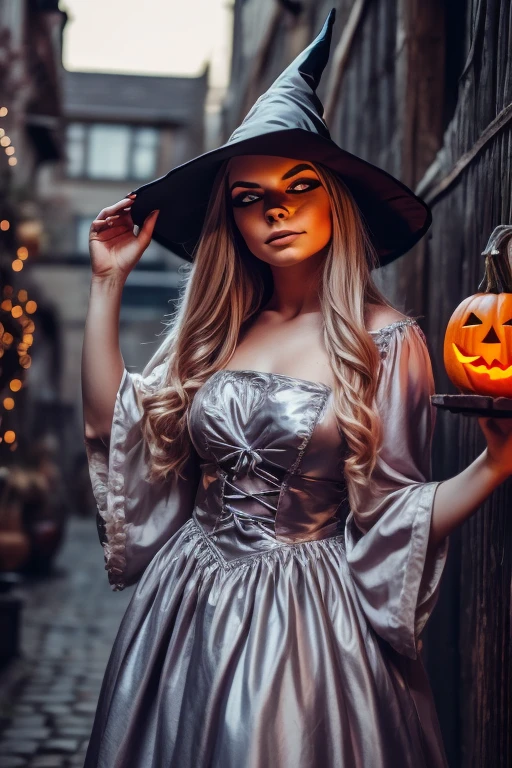 A girl in a fox mask in a medieval witch's evening dress, at a Halloween party ,  at a yokai festival on European medieval city streets at night behind pumpkins and scarecrows, a pumpkin in the hands in the light of a silver moon against the background of a silver moon art 3d Halloween style 