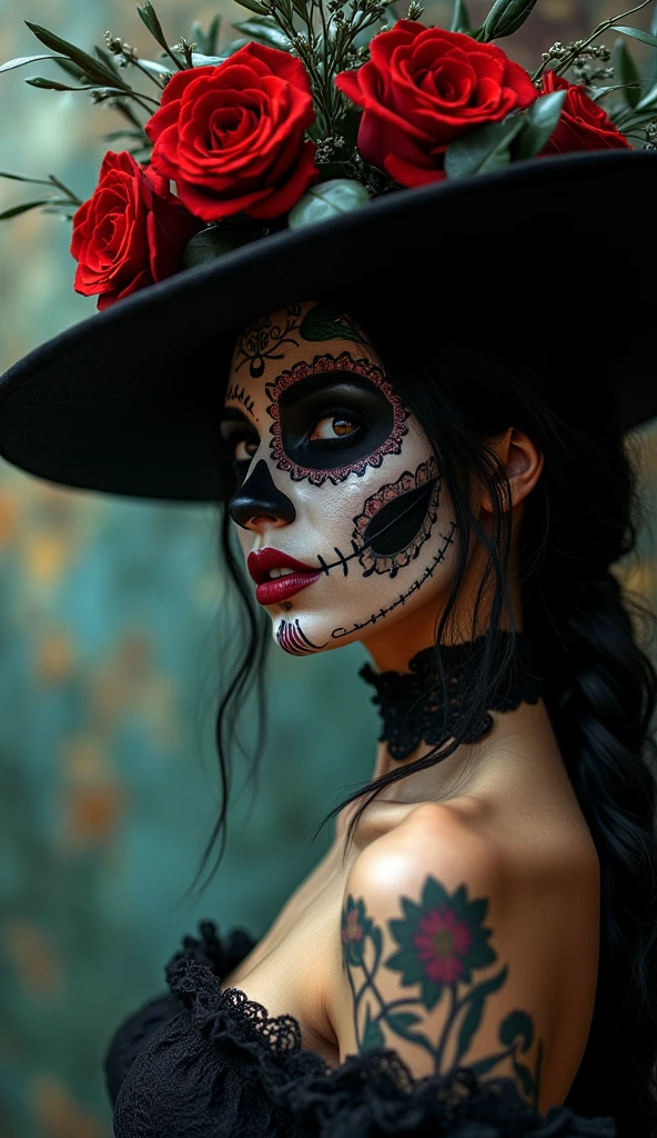  realistic intricate sensual photography bigboods Catherina Mexico Day of the Dead ,  with gothic art style hat , dark lights, Shadows low light Gaussian blur  , by Luis Royo Marta Nael 