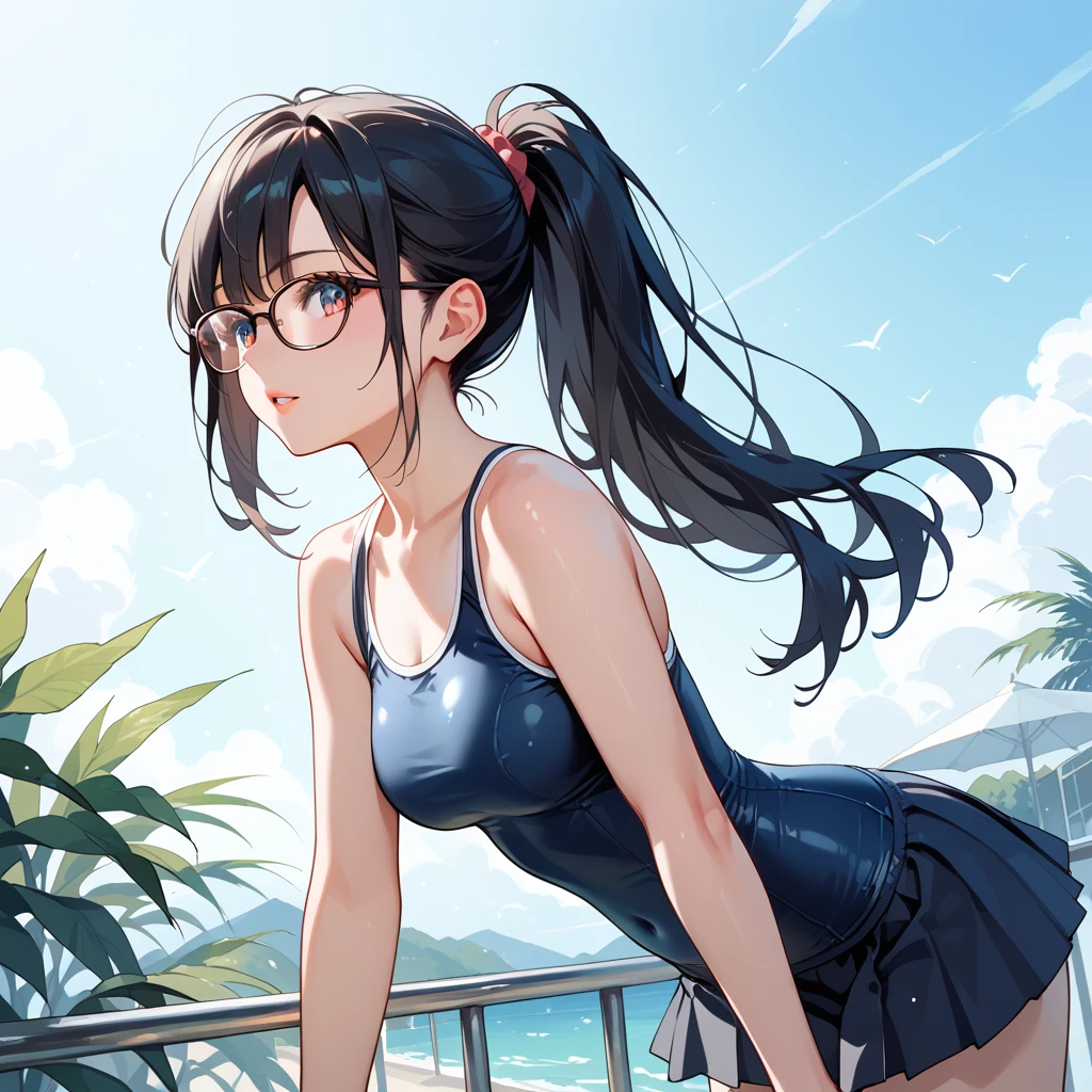 Black Hair,  long hair, ponytail,Glasses,White school swimsuit,Navy Skirt