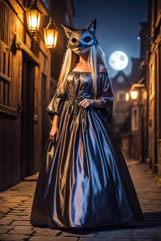 A girl in a fox mask in a medieval witch's evening dress, at a Halloween party ,  at a yokai festival on European medieval city streets at night behind pumpkins and scarecrows,  in the light of a silver moon against a silver moon art 3d Halloween style  