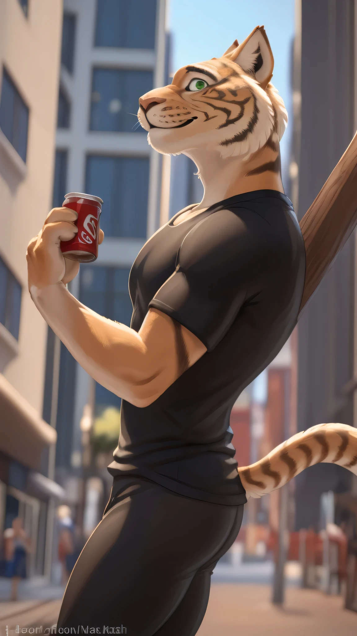 ryan(sing), sing movie, cola,  green eyes, (posing:1.3), ( soft shaded ), 4k, anything, (( take off face , despegar)), ( full body), por zackary911, by zaush, ( By staff :0.5), city (salon, camiseta blanca,  Lycra black ,   looking at the viewer , smile, Left profile pose