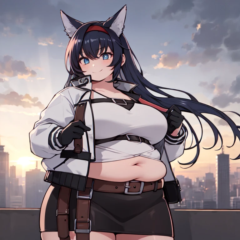 ((Best Quality,  ultra high resolution, masterpiece:1.3)), 1 obese girl who was so big and fat,  upper body, Viewers watch  , thick chest, , (Long Hair, Black Hair ,  animal ears  ,  blue eyes  , Red Hairband), (  white shirt ,  white jacket  , skirt, belt, Gloves), smile,  beautiful eyes,  High Definition Skin , (  detailed face at night  ), Detailed eyes, Nice hands, Perfect hands