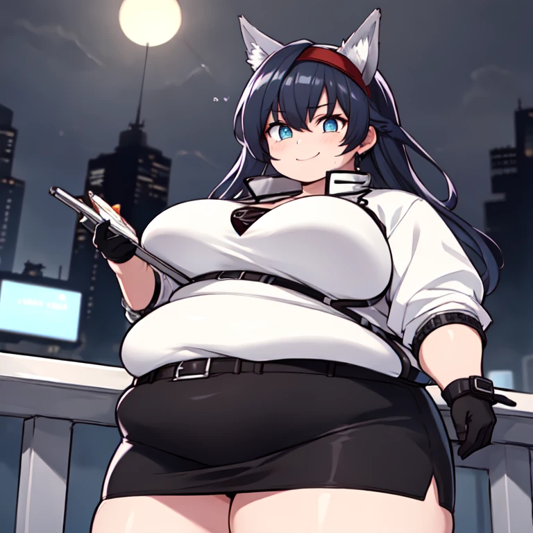 ((Best Quality,  ultra high resolution, masterpiece:1.3)), 1 obese girl who was so big and fat,  upper body, Viewers watch  , thick chest, , (Long Hair, Black Hair ,  animal ears  ,  blue eyes  , Red Hairband), (  white shirt ,  white jacket  , skirt, belt, Gloves), smile,  beautiful eyes,  High Definition Skin , (  detailed face at night  ), Detailed eyes, Nice hands, Perfect hands