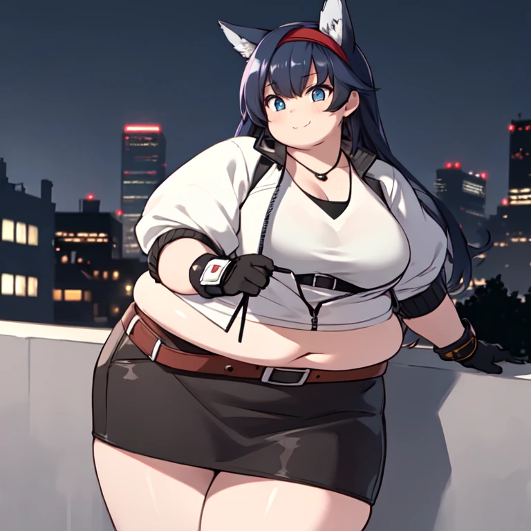 ((Best Quality,  ultra high resolution, masterpiece:1.3)), 1 obese girl who was so big and fat,  upper body, Viewers watch  , thick chest, , (Long Hair, Black Hair ,  animal ears  ,  blue eyes  , Red Hairband), (  white shirt ,  white jacket  , skirt, belt, Gloves), smile,  beautiful eyes,  High Definition Skin , (  detailed face at night  ), Detailed eyes, Nice hands, Perfect hands