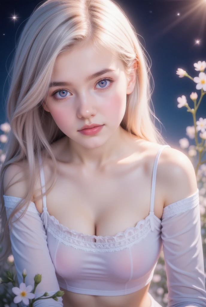  actual ,  1 girl at home, White hair,   Purple Eyes  ,   with sparkling eyes ,  Below a cropped top , skirt,   split lips  , blush, night, Flowers, sun, sunlight,