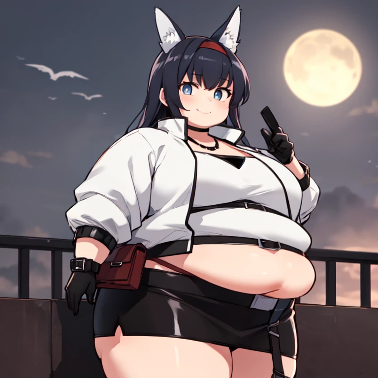 ((Best Quality,  ultra high resolution, masterpiece:1.3)),  1 obese girl who was very big and fat,  upper body, Viewers watch  , thick chest,Big belly that came out of her clothes  , (Long Hair, Black Hair ,  animal ears  ,  blue eyes  , Red Hairband), (  white shirt ,  white jacket  , skirt, belt, Gloves), smile,  beautiful eyes,  High Definition Skin , (  detailed face at night  ), Detailed eyes, Nice hands, Perfect hands