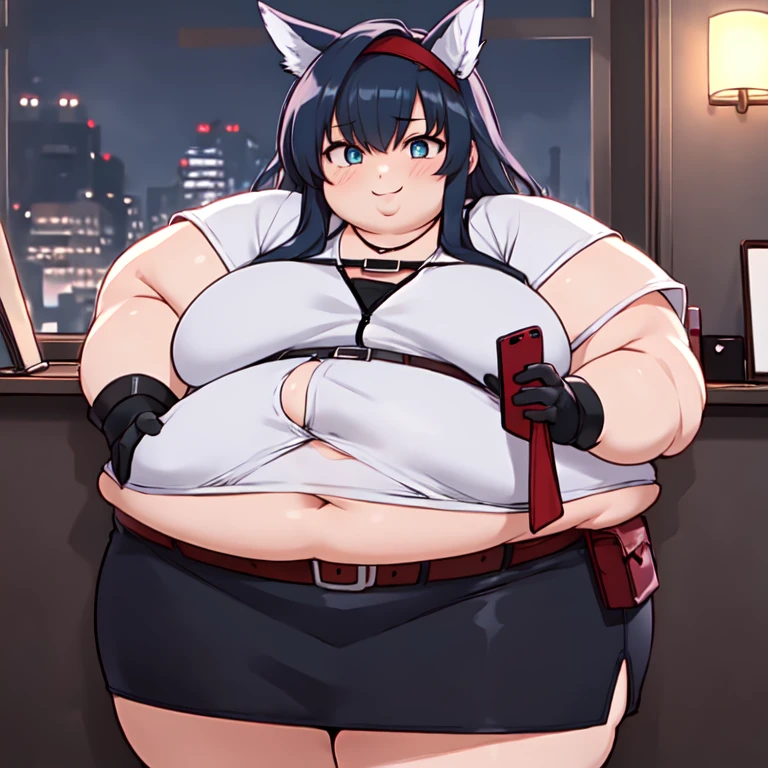 ((Best Quality,  ultra high resolution, masterpiece:1.3)),  1 obese girl who was very big and fat,  upper body, Viewers watch  , thick chest,Big belly that came out of her clothes  , (Long Hair, Black Hair ,  animal ears  ,  blue eyes  , Red Hairband), (  white shirt ,  white jacket  , skirt, belt, Gloves), smile,  beautiful eyes,  High Definition Skin , (  detailed face at night  ), Detailed eyes, Nice hands, Perfect hands