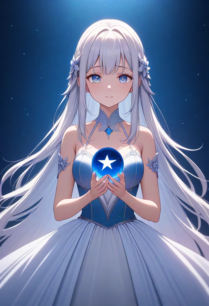 masterpiece,best quality,high resolution,ultra sharp focus,Cinematic Lighting, ethereal light,8k,graceful, serene, soft glow, cosmic elegance, gentle aura, silver and soft blue tones, surrounded by faint stardust, long straight white hair, with delicate silver highlights, peaceful expression, soft lavender eyes, fair skin, with a faint silver glow, elegant celestial gown, adorned with star and moon patterns, holding a small spinning orb, surrounded by softly drifting stars, background of calm night sky filled with constellations
