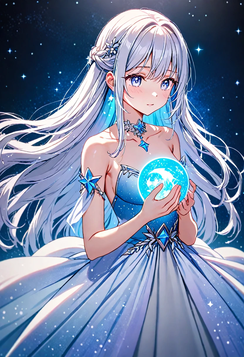 masterpiece,best quality,high resolution,ultra sharp focus,Cinematic Lighting, ethereal light,8k,graceful, serene, soft glow, cosmic elegance, gentle aura, silver and soft blue tones, surrounded by faint stardust, long straight white hair, with delicate silver highlights, peaceful expression, soft lavender eyes, fair skin, with a faint silver glow, elegant celestial gown, adorned with star and moon patterns, holding a small spinning orb, surrounded by softly drifting stars, background of calm night sky filled with constellations
