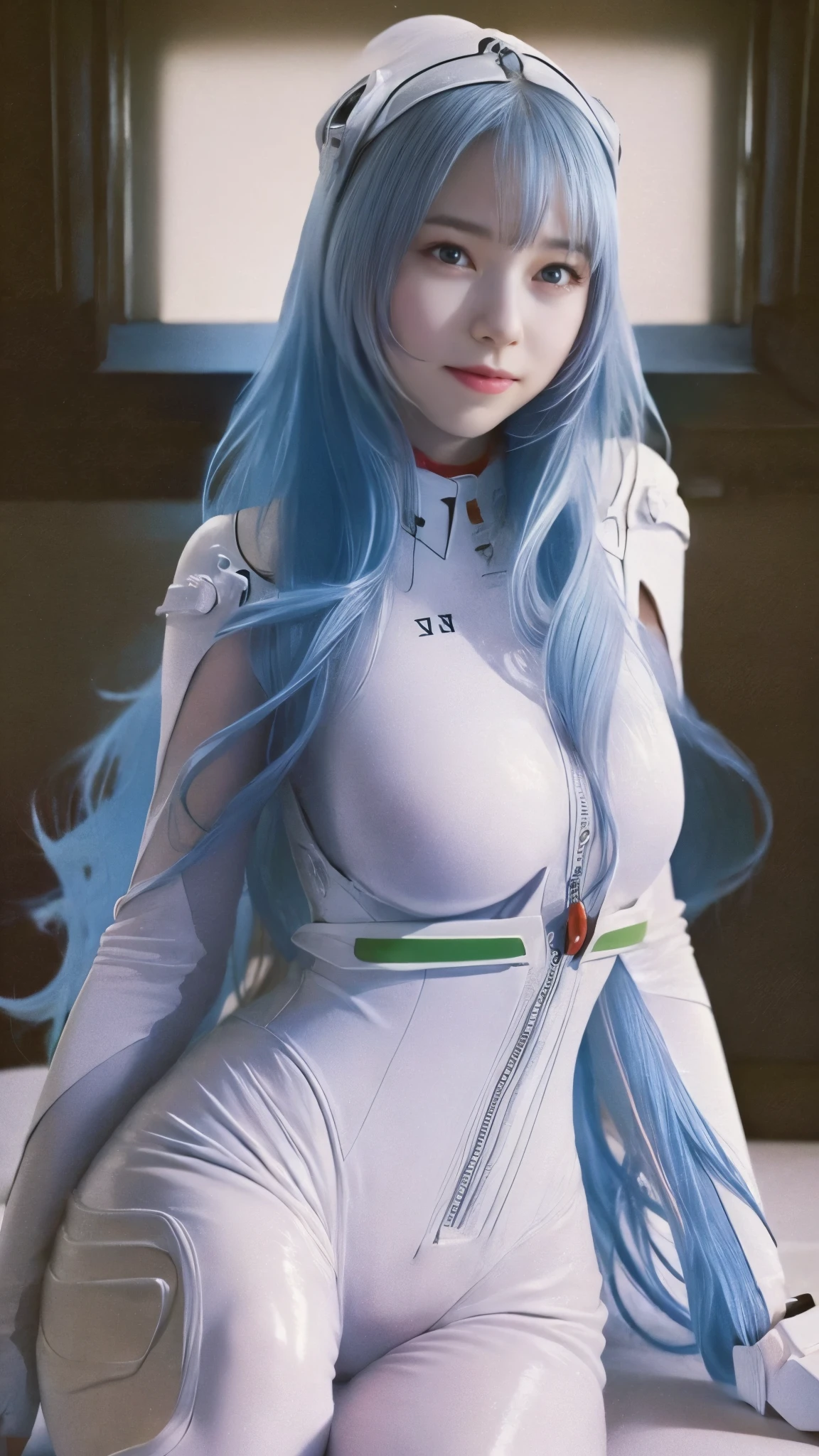 (masterpiece,  masterpiece, 8k,    super detail ), ( Professional Lighting ), Pale skin, 透き通るようなbeautifulきめの細かい肌, Round face,like々Funny face,   waist-length hair  , Light blue hair,  red eyes,    Her hands are perfectly represented down to the smallest detail , (Big Breasts),   white bodysuit  ,   White Long Boots  , Exquisite design,  Beautifully Finished in Every Detail  ,    Anatomically Perfect and Unrivaled Beauty   ,    headgear  , (  photorealistic :1.4),  Japanese, (beautiful:1.1), ( one woman:1.5), A lonely smile, classroom, (Random Shyness Poses   ), 