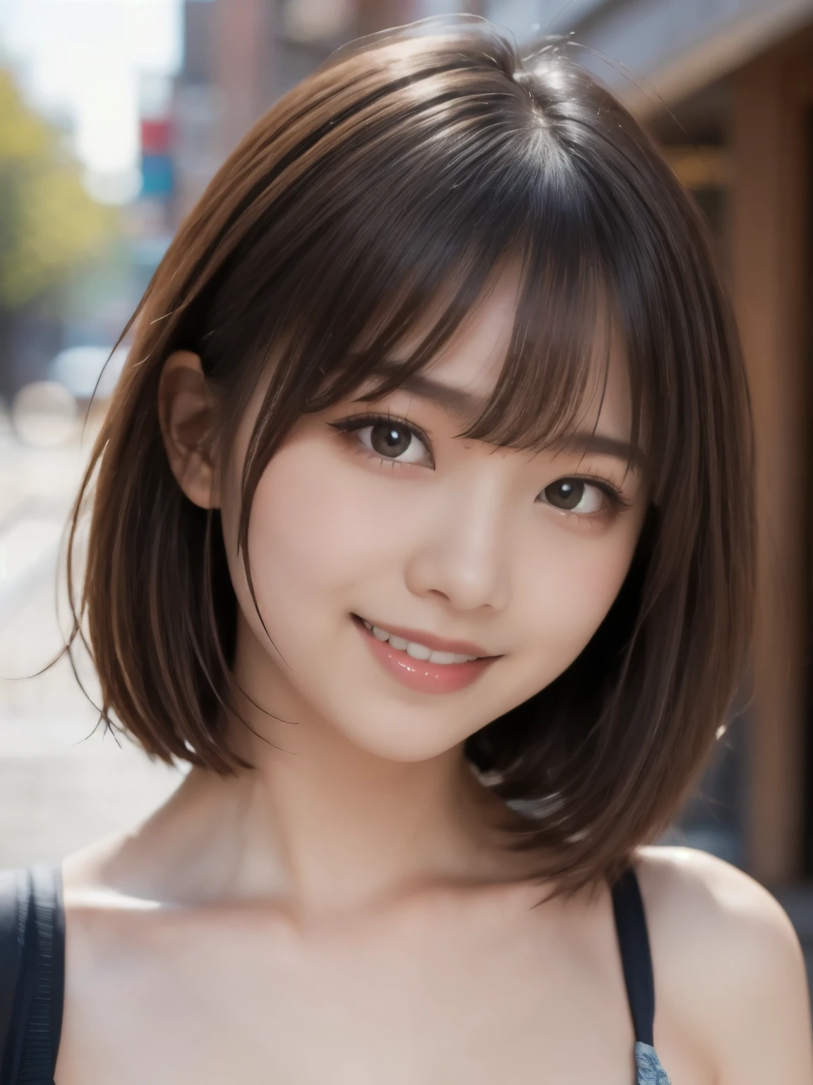 8k、Best Quality、Ultra Wide Angle Monofocal Lens 、(Representative Works:1.2)、( real)、( real:1.37)、One high school girl、Beautiful teeth alignment、smile、Well-formed fingers、 Very Short 、Around town、( cute plain clothes)、Big Breasts、 perfect body by Pubis、Gravure photoshoot、Perfect Fingers、Beautiful Skin、Professional Lighting、Face and skin detail、Microparticles、 RAW Photos